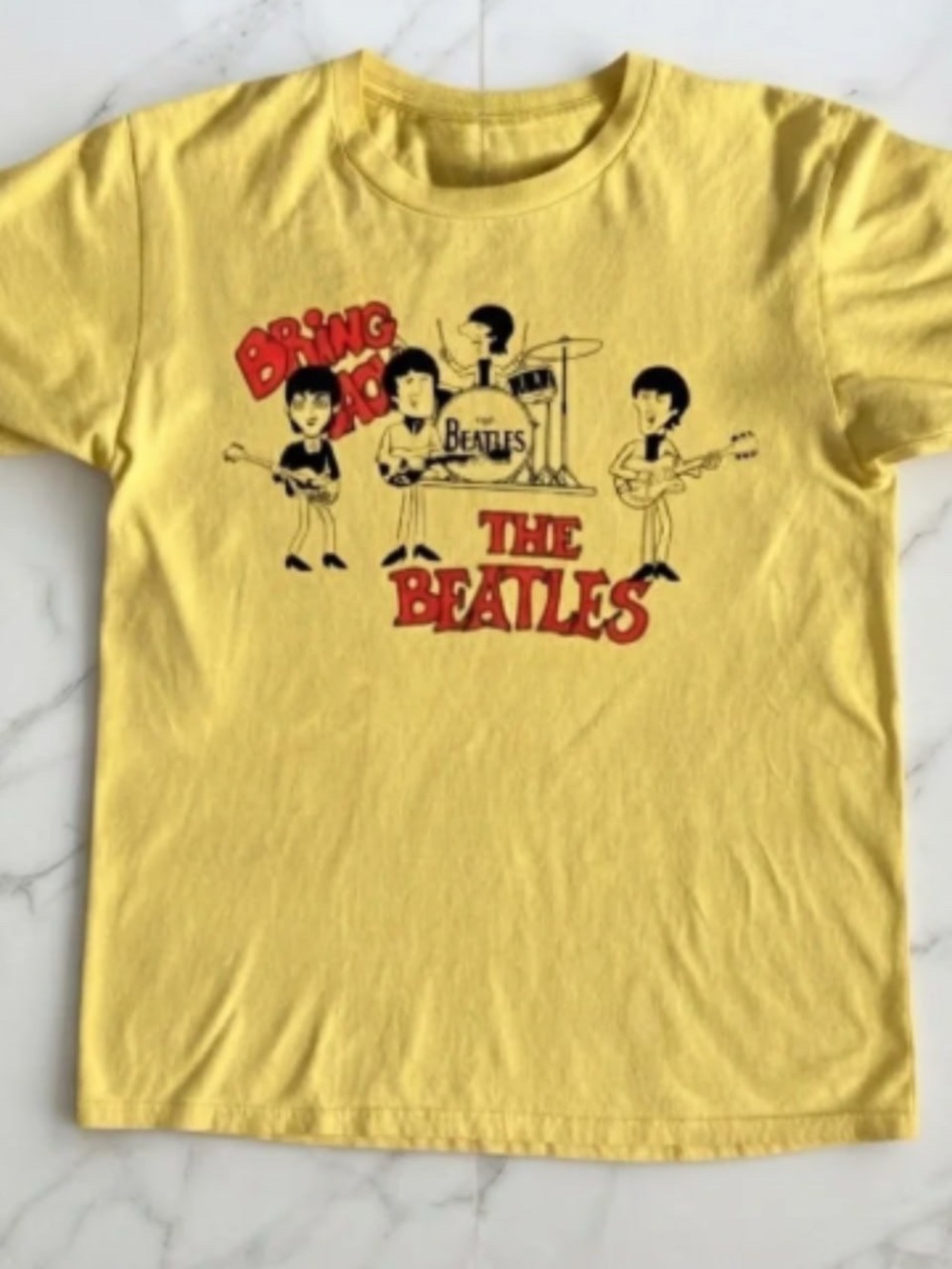 Gildan Yellow Short-Sleeve Beatles Graphic Tee with Red & Black Print